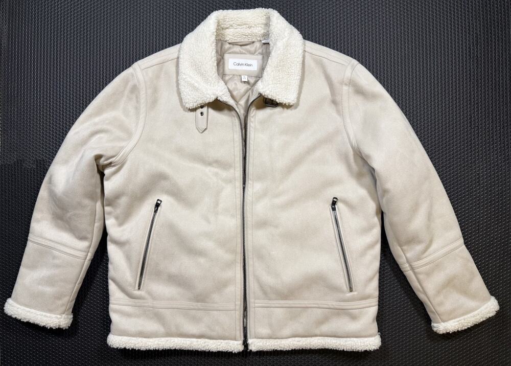 Calvin Klein B-3 Bomber Jacket Mens Sz XL Faux Suede Shearling Cream Aviator